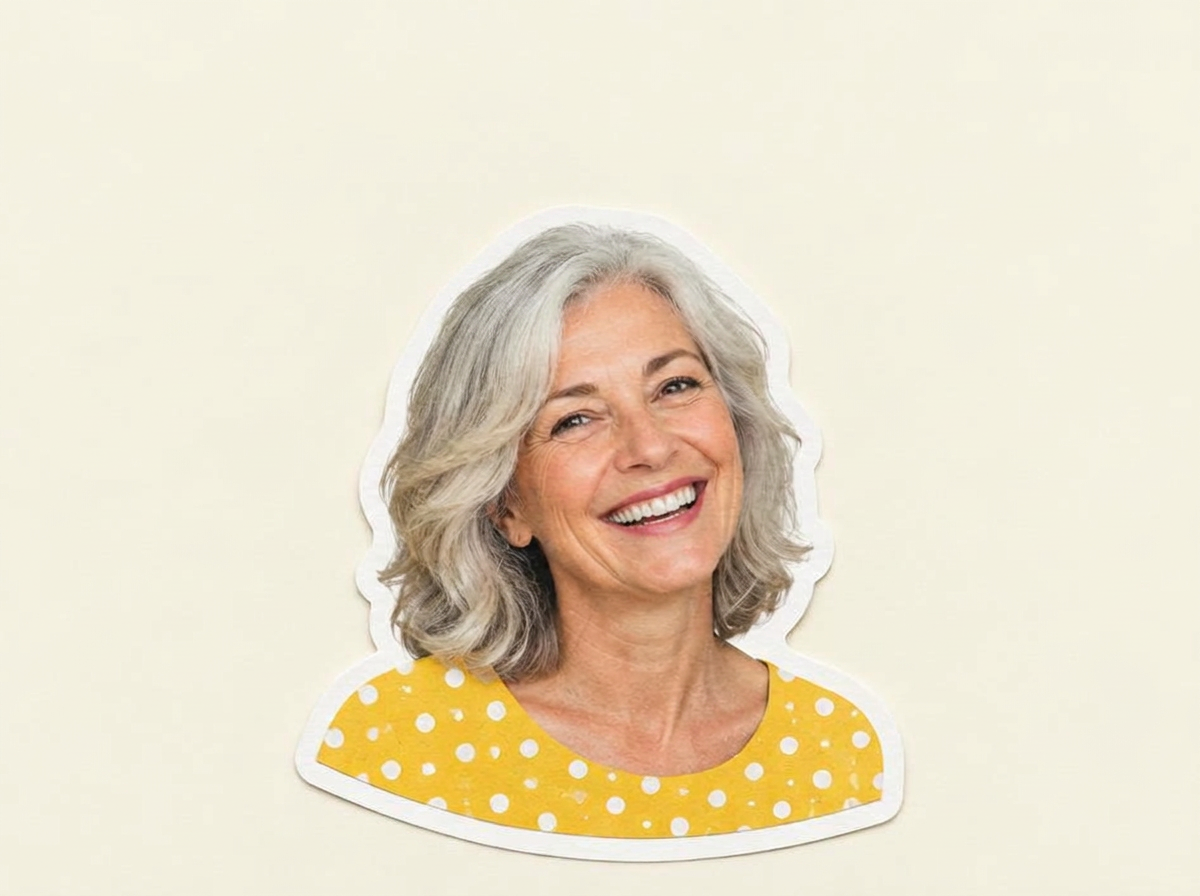 Mujer de pelo plateado sonriendo con gorrito de fiesta de papel